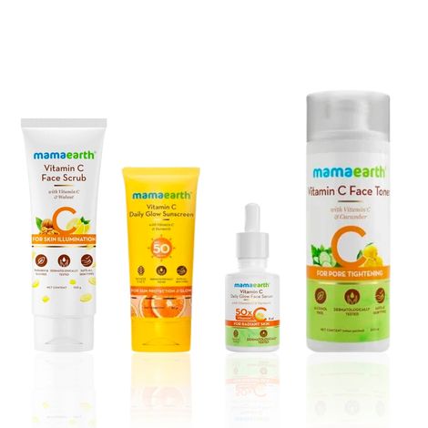 Mamaearth 4-Step Vitamin C Glow Combo: Vitamin C Face Scrub (100 gm) + Vitamin C Face Serum (8 ml) + Vitamin C Sunscreen SPF 50 (50 gm) + Vitamin C Face Toner (200 ml) - Combo of 4