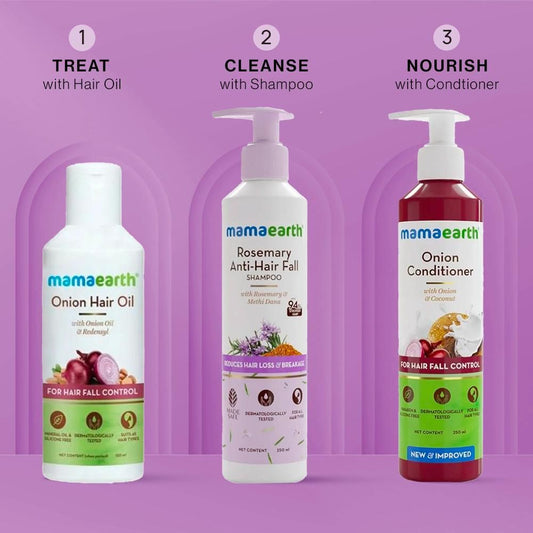 Mamaearth Anti Hair Fall Combo : Onion Oil (150 ml) + Rosemary Shampoo (250 ml) +Onion Conditioner (250 ml)