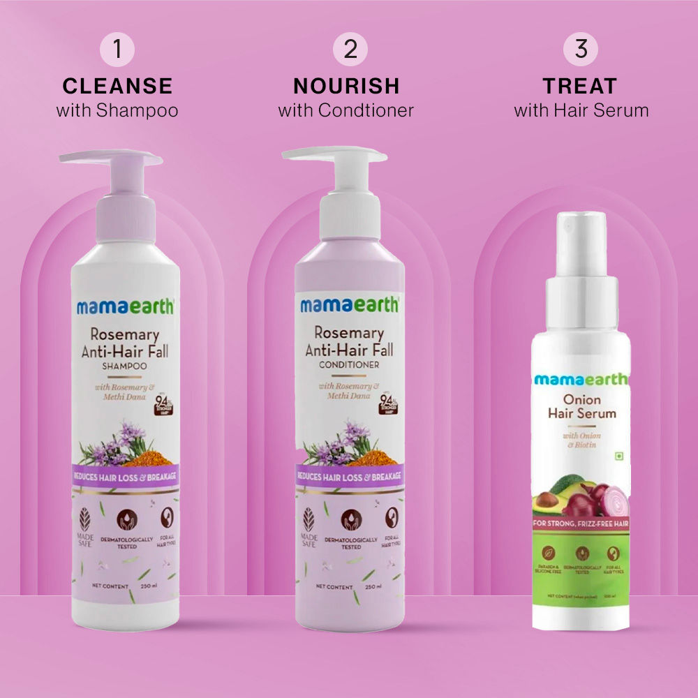 Mamaearth Anti-Hair Loss & Breakage Cleanse, Nourish & Protect Combo : Rosemary Shampoo (250 ml) +Rosemary Conditioner (250 ml) + Onion Hair Serum (100 ml)