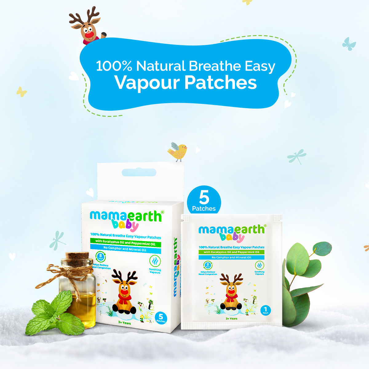 Mamaearth Baby 100% Natural Breathe Easy Vapour Patches with Eucalyptus Oil & Peppermint Oil - 5 pcs 100% Natural Ingredients | Free from Camphor & Mineral Oil | Up to 8 Hrs Relief from Nasal Congestion Baby Skin Care (5 pc)
