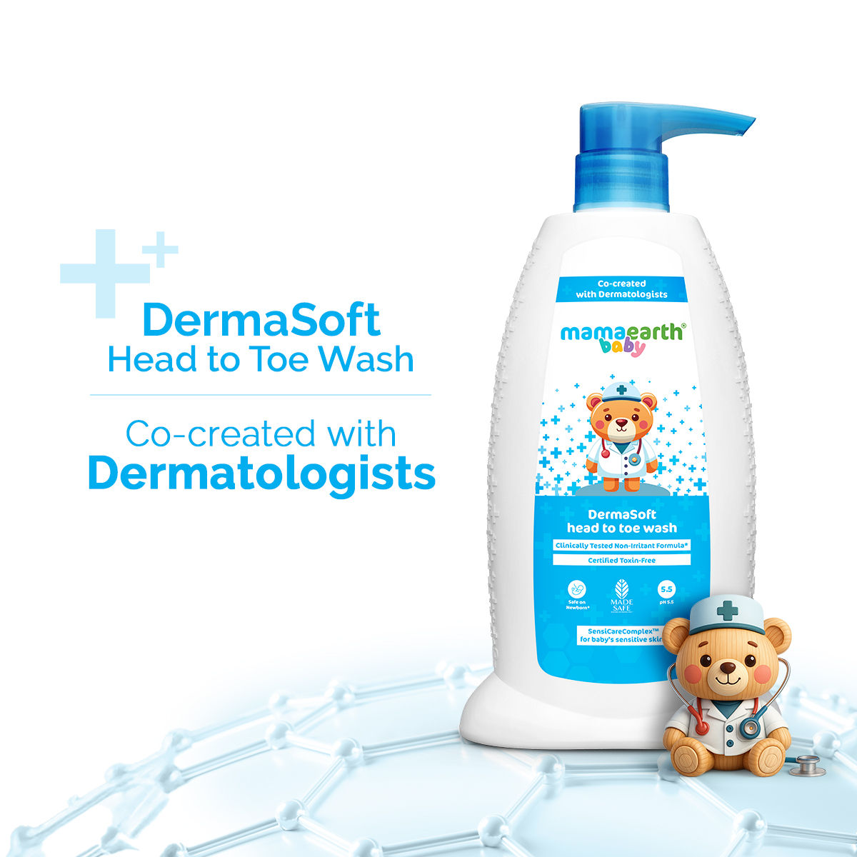 Mamaearth Baby DermaSoft Head to Toe Wash with SensiCareComplex™ for Baby's Sensitive Skin - 250 ml Co-created with Dermatologists | Enriched with SensiCareComplexTM for Baby's Sensitive Skin | Safe and Non-irritant formula