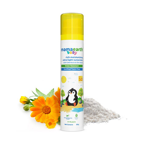 Mamaearth Baby Rich Moisturizing Ultra Light Sunscreen-50 gm SPF 50 & PA+++|Water Resistant|Lightweight & Moisturizing|Suits all Skin Types|Safe For Babies|Dermatologically Tested|Hydrating Sunscreen|Sun Protection|Sunscreen For Babies