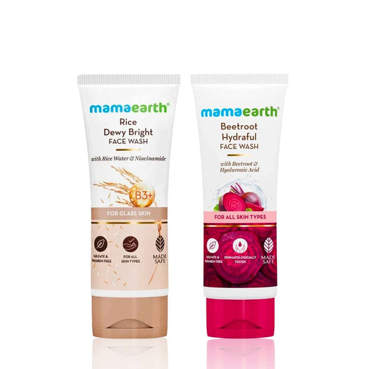 Mamaearth Beetroot Gentle Face Wash With Beetroot & Hyaluronic Acid For Hydrated Pink Glow + Rice Face Wash With Rice Water & Niacinamide for Glass Skin Skincare kit, Combo of 2
