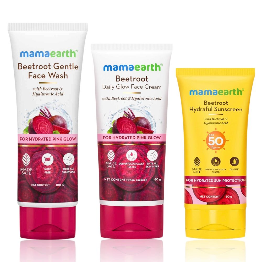 Mamaearth Beetroot Glow Trio - Beetroot Face Wash (100 ml) + Beetroot Daily Glow Cream (80 gm) + Beetroot Hydraful Sunscreen (50 gm) Combo of 3