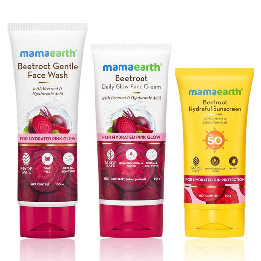 Mamaearth Beetroot Glow Trio - Beetroot Face Wash (100 ml) + Beetroot Daily Glow Cream (80 gm) + Beetroot Hydraful Sunscreen (50 gm) Combo of 3