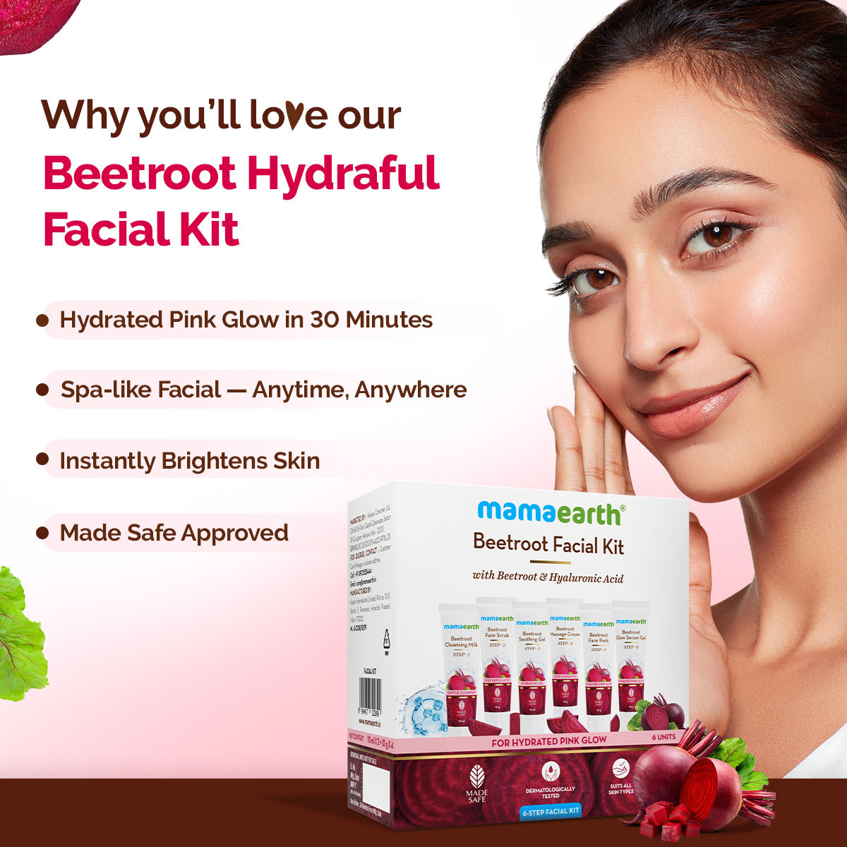 Mamaearth Beetroot Hydraful Facial Kit with Beetroot & Hyaluronic Acid - 2*10 ml + 4*10 gm Hydrated Pink Glow in 30 Minutes | Spa-like Facial - Anytime, Anywhere | Instantly Brightens Skin | Made Safe - Image 4