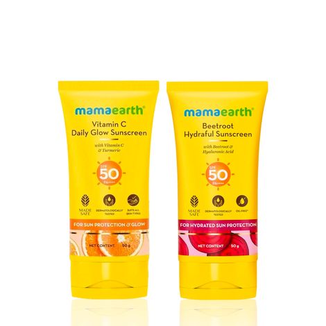 Mamaearth Beetroot Hydraful Sunscreen With Hyaluronic Acid + Vitamin C Daily Glow Sunscreen with SPF 50 & PA+++ for Sun Tan Protection & Glow Skincare kit, Combo of 2