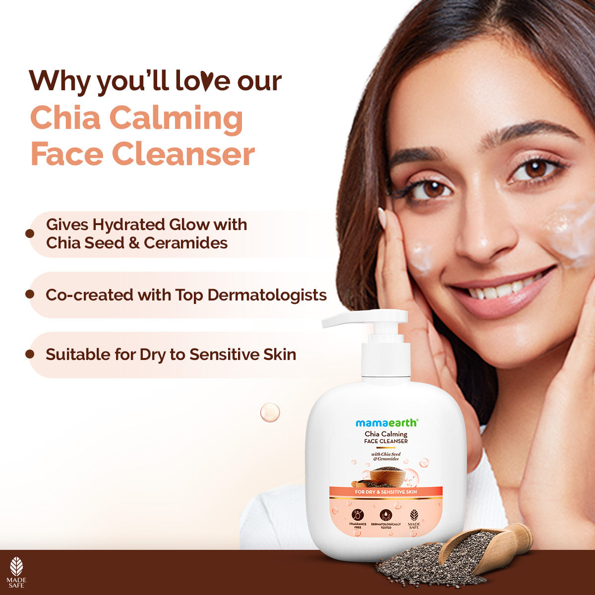 Mamaearth Chia Calming Face Cleanser with Chia Seed & Ceramides for Dry & Sensitive Skin 180 ml |hydrated glow| Strengthens Skin’s Natural Barrier | Co-Created with Dermats | Non-foaming | Fragrance & Soap Free - Image 5
