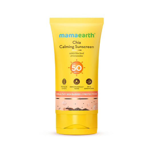 Mamaearth Chia Calming Sunscreen with Chia Seed & Ceramides for Healthy Skin Barrier & Sun Protection 50 gm | SPF 50 PA++++ |hydrated glow| For Dry &Sensitive Skin | UVA/ B Protection | No White Cast | In-Vivo Tested