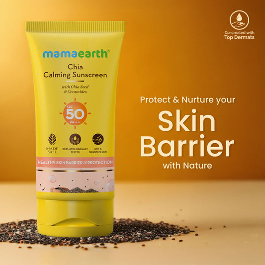 Mamaearth Chia Calming Sunscreen with Chia Seed & Ceramides for Healthy Skin Barrier & Sun Protection 50 gm | SPF 50 PA++++ |hydrated glow| For Dry &Sensitive Skin | UVA/ B Protection | No White Cast | In-Vivo Tested - Image 2