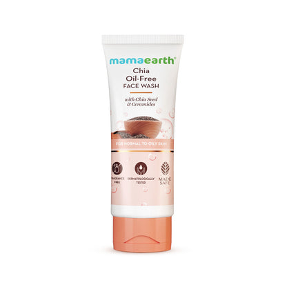 Mamaearth Chia Oil-Free Face Wash with Chia Seed & Ceramides for Normal to Oily Skin 100 ml |hydrated glow| Co-Created with Dermats | Strengthens Skin's Natural Barrier | OilFree Formula | Cleanses Deeply| Fragrance&Soap Free