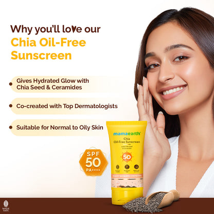 Mamaearth Chia Oil-Free Sunscreen with Chia Seed & Ceramides for Healthy Skin Barrier & Sun Protection 50 gm SPF50 PA++++ | Oil-Free Formula for Normal to OilySkin|hydrated glow| UVA/B Protection |No White Cast | InVivo Tested - Image 5