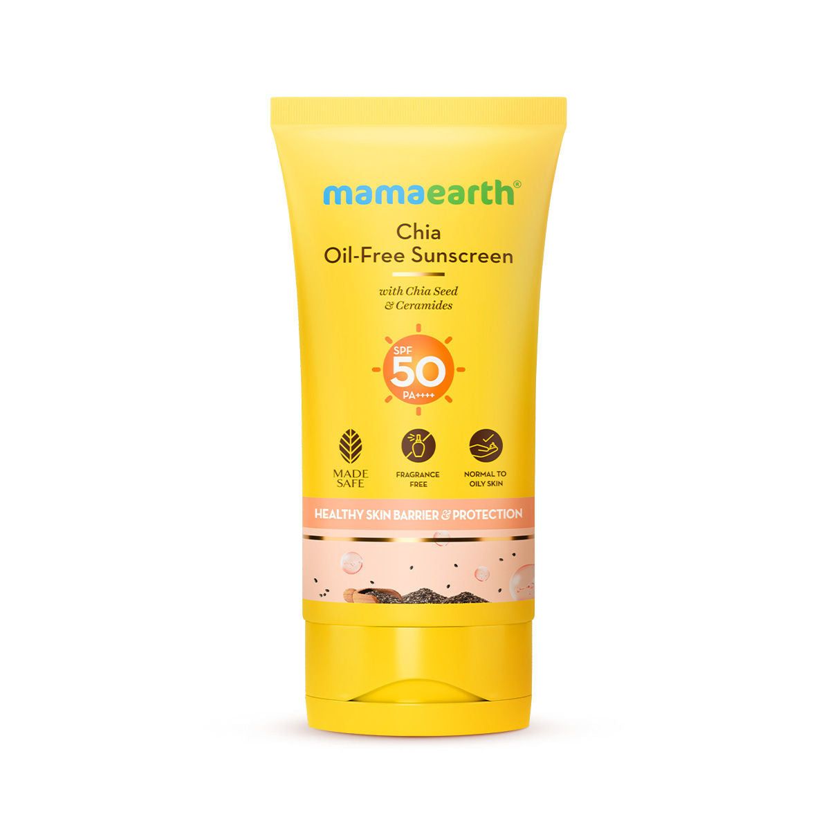 Mamaearth Chia Oil-Free Sunscreen with Chia Seed & Ceramides for Healthy Skin Barrier & Sun Protection 50 gm SPF50 PA++++ | Oil-Free Formula for Normal to OilySkin|hydrated glow| UVA/B Protection |No White Cast | InVivo Tested