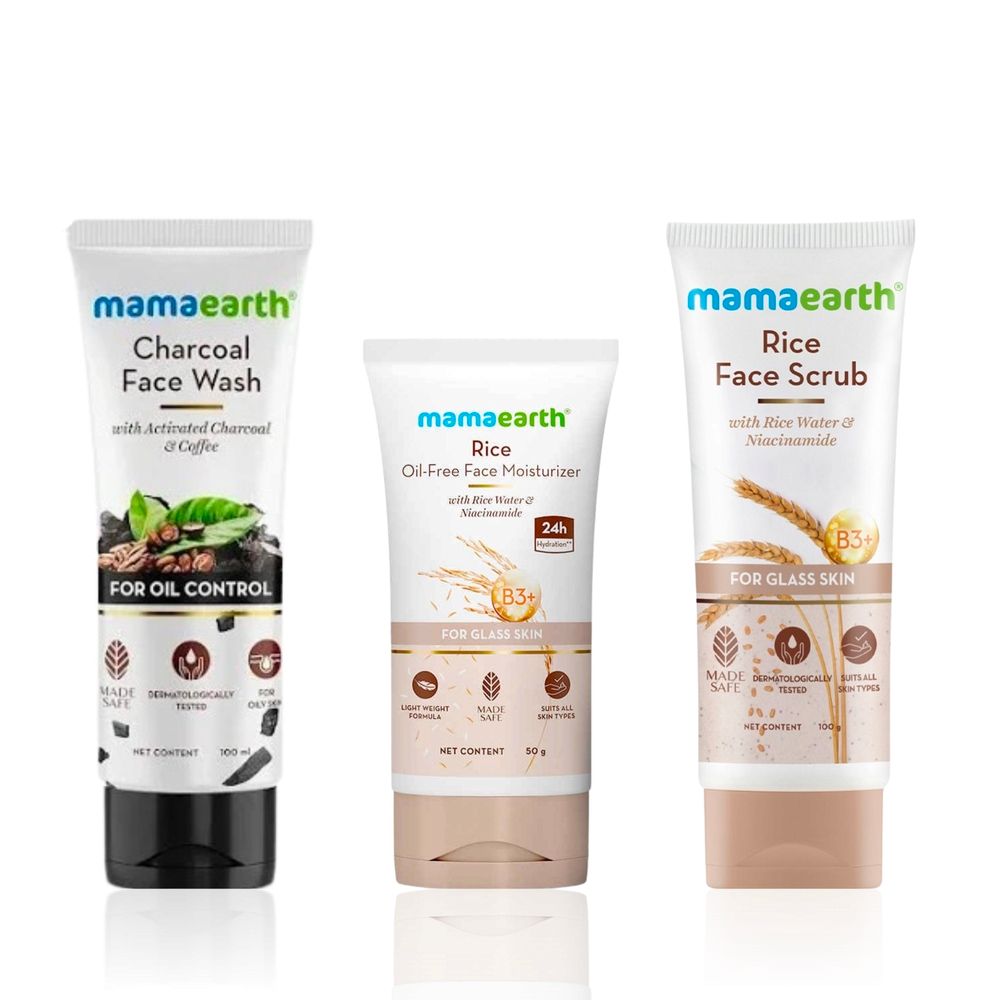 Mamaearth Complete Oil Control Combo (Mamaearth Rice Face Scrub 100 gm + Mamaearth Charcoal Natural Face Wash 100 ml + Mamaearth Rice Oil-Free Face Moisturizer 50 gm) - Combo of 3