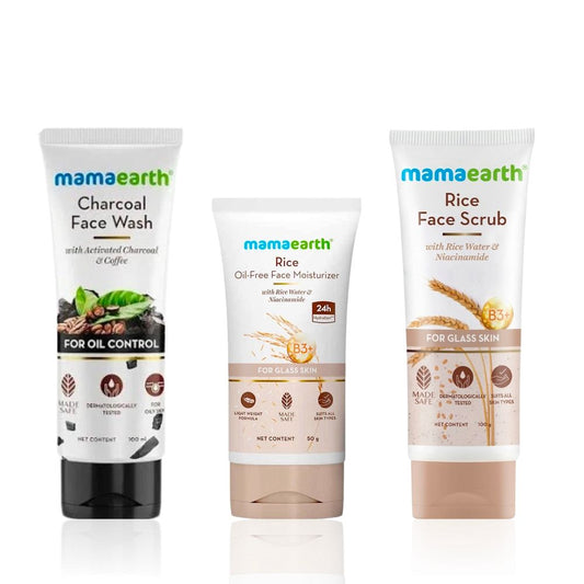 Mamaearth Complete Oil Control Combo (Mamaearth Rice Face Scrub 100 gm + Mamaearth Charcoal Natural Face Wash 100 ml + Mamaearth Rice Oil-Free Face Moisturizer 50 gm) - Combo of 3