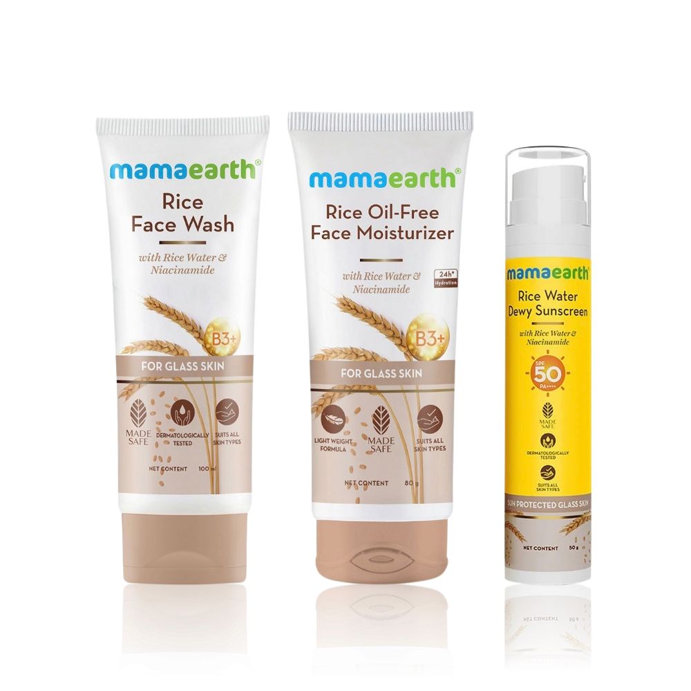 Mamaearth Glass Skin Essentials Combo: Rice Face Wash (100 ml) + Rice Oil-Free Face Moisturizer (80 gm) + Rice Water Dewy Sunscreen (50 gm)