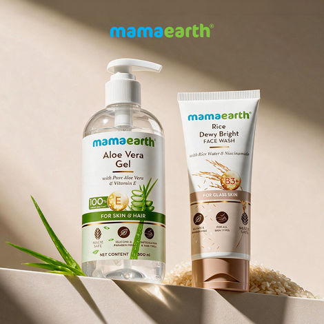 Mamaearth Glass Skin Face Care Combo | Rice Face Wash (100 ml) + Aloe Vera Gel (300 ml) (Combo of 2)