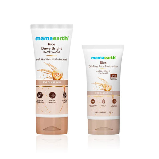 Mamaearth Glass Skin Glow Combo of 2 (Mamaearth Rice Face Wash (100 ml) + Rice Oil-Free Moisturizer (50 gm) | With Rice Water & Niacinamide | Hydration, Brightened Skin & Oil-Free Radiance)
