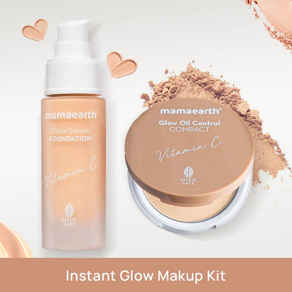 Mamaearth Glow Serum Foundation with Vitamin C & Turmeric for 12-Hour Long Stay - 01 Ivory Glow (30 ml) + Mamaearth Glow Oil Control Compact SPF 30 with Vitamin C & Turmeric for 2X Instant Glow - 02 Creme Glow (9 gm)