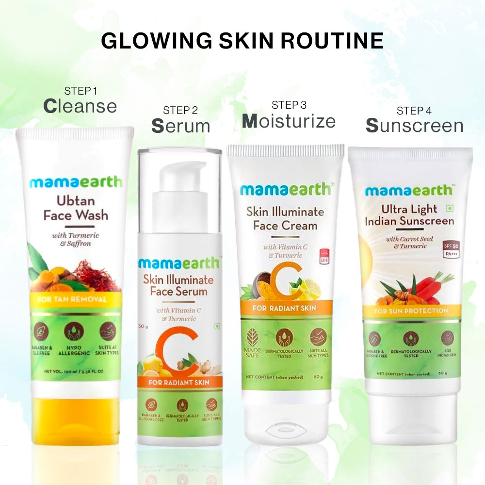 Mamaearth Glowing Skin CSMS Routine : Ubtan Face Wash (100 ml) + Skin Illuminate Face Serum (15 gm) + Skin Illuminate Face Cream (80 gm) + Ultra Light Sunscreen (80 ml)