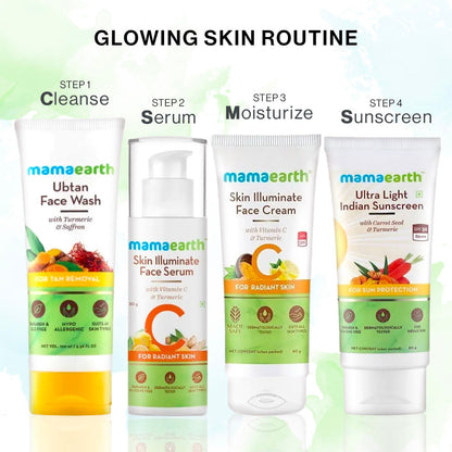Mamaearth Glowing Skin CSMS Routine : Ubtan Face Wash (100 ml) + Skin Illuminate Face Serum (15 gm) + Skin Illuminate Face Cream (80 gm) + Ultra Light Sunscreen (80 ml)