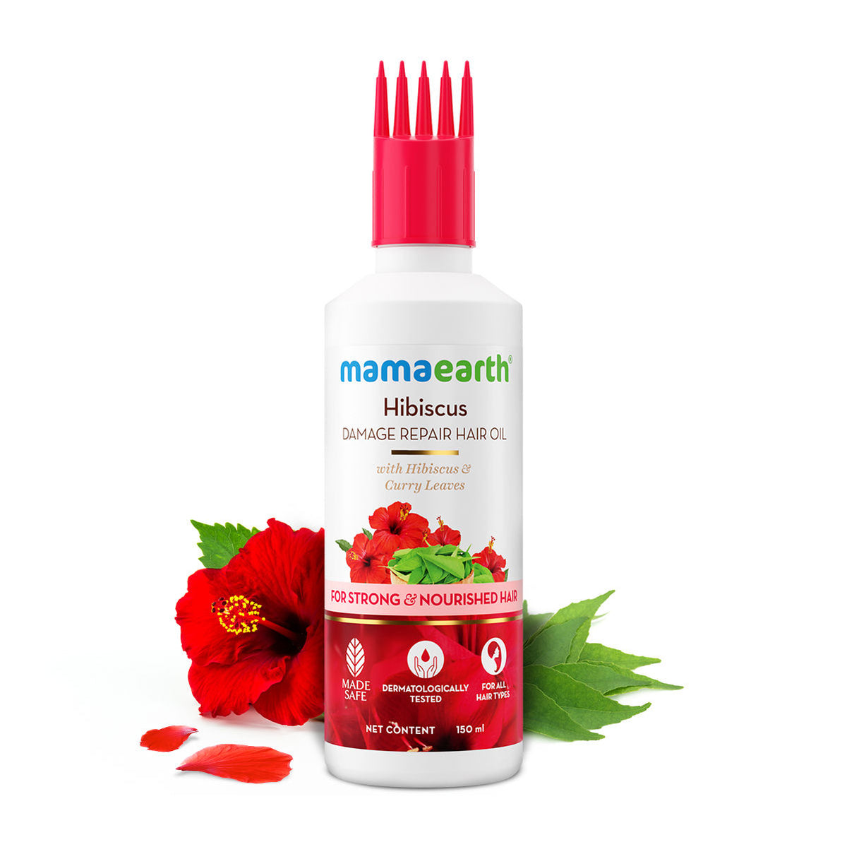 Mamaearth Hibiscus Damage Repair Hair Oil with Hibiscus & Curry Leaves for Strong & Nourished Hair - 150 ml | Repairs Rough, Dry & Damaged Hair | Makes Hair Smooth & Frizz Free | Suitable For All Hair Types