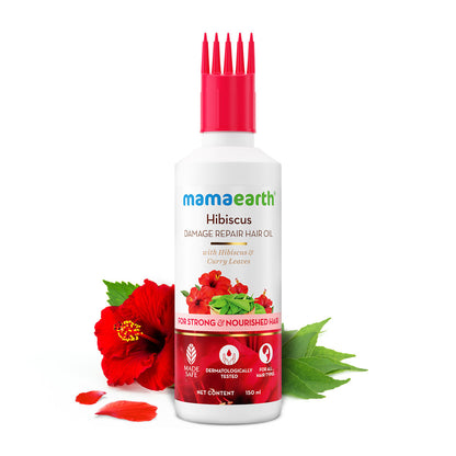 Mamaearth Hibiscus Damage Repair Hair Oil with Hibiscus & Curry Leaves for Strong & Nourished Hair - 150 ml | Repairs Rough, Dry & Damaged Hair | Makes Hair Smooth & Frizz Free | Suitable For All Hair Types