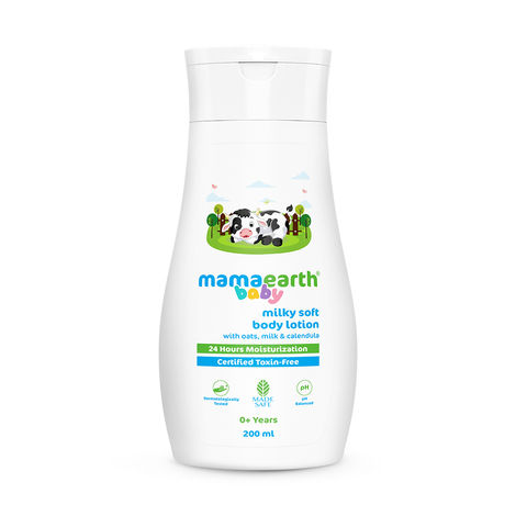 Mamaearth Milky Soft Body Lotion for Babies with Oats, Milk & Calendula – 200 ml Deeply Nourishes Skin | 24-Hour Moisturization | Travel-friendly Pack