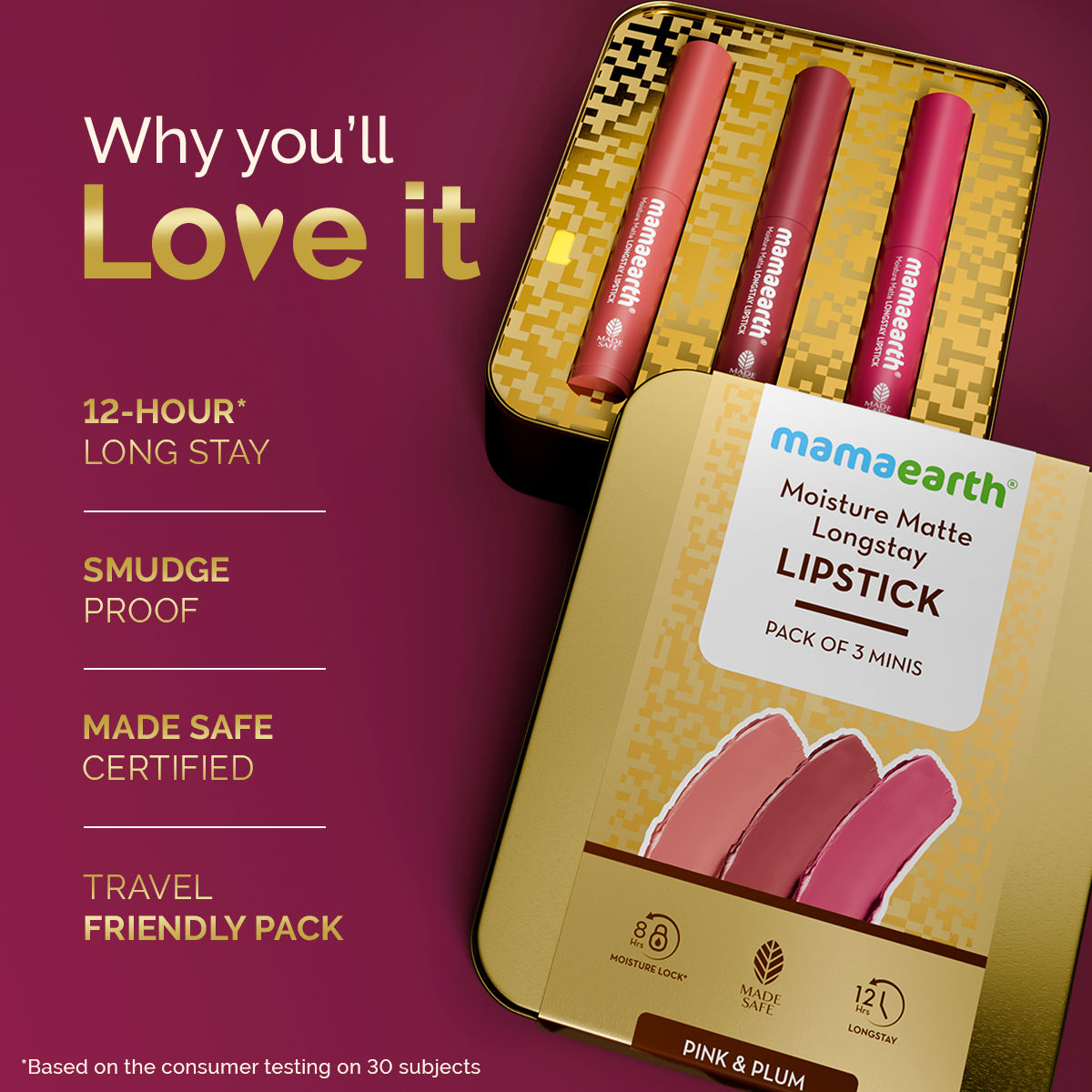 Mamaearth Moisture Matte Long Stay Lipstick Gift Set - Pink & Plum 12-Hour* Long Stay | Made Safe Certified | Smudge Proof | Travel Friendly Pack of 3 - Image 4