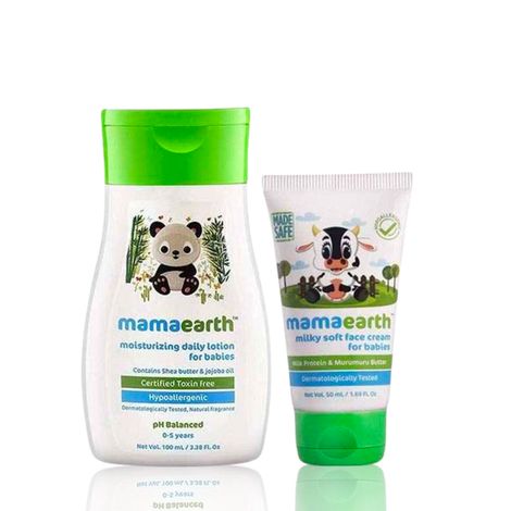 Mamaearth Moisturizing Daily Lotion with Shea Butter & Cocoa Butter For Babies, 100 ml + Milky Soft Face Cream With Milk Protein & Murumuru Butter for Babies, 60 gm Skincare kit, Combo of 2