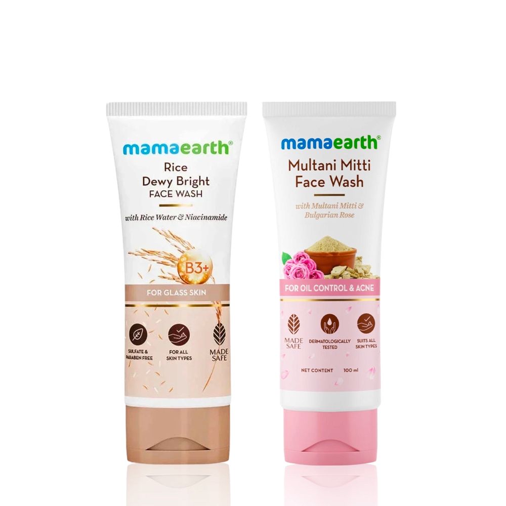 Mamaearth Multani Mitti Face Wash with Multani Mitti & Bulgarian Rose For Oil Control & Acne + Rice Face Wash With Rice Water & Niacinamide for Glass Skin Skincare kit, Combo of 2
