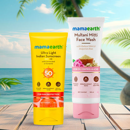 Mamaearth Multani Mitti Oil Control Cleanse & Sun-Protect Combo: Multani Mitti Face Wash (100 ml) + Ultra Light Indian Sunscreen (80 gm)