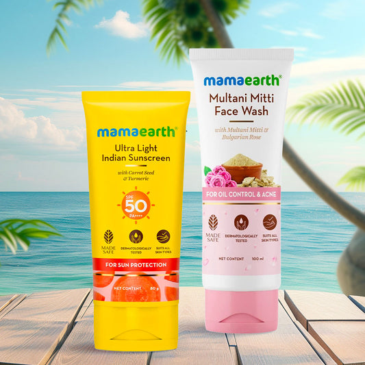 Mamaearth Multani Mitti Oil Control Cleanse & Sun-Protect Combo: Multani Mitti Face Wash (100 ml) + Ultra Light Indian Sunscreen (80 gm)