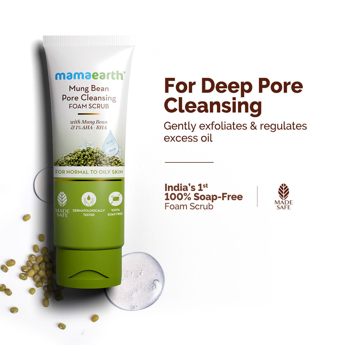Mamaearth Mung Bean Pore Cleansing Foam Scrub with Mung Bean, AHA & BHA for Normal to Oily Skin - 100 gm India's First Foam Scrub for Deep Pore Cleansing | Enriched with Mung Bean & 1% AHA-BHA