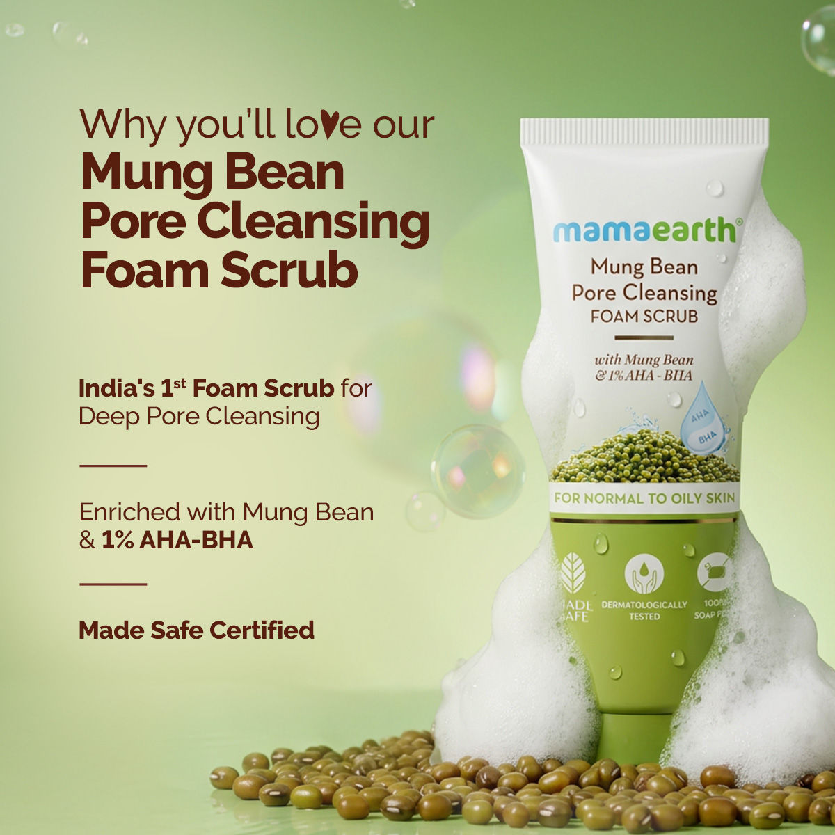 Mamaearth Mung Bean Pore Cleansing Foam Scrub with Mung Bean, AHA & BHA for Normal to Oily Skin - 100 gm India's First Foam Scrub for Deep Pore Cleansing | Enriched with Mung Bean & 1% AHA-BHA - Image 3