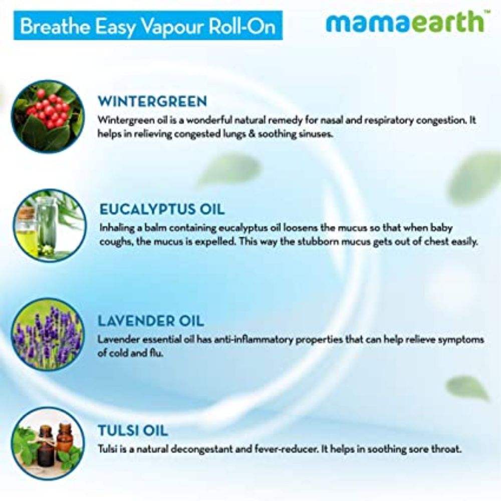 Mamaearth Natural Breathe Easy Vapour Roll-On For Cold & Nasal Congestion, With Wintergreen & Eucalyptus Oil - Image 4