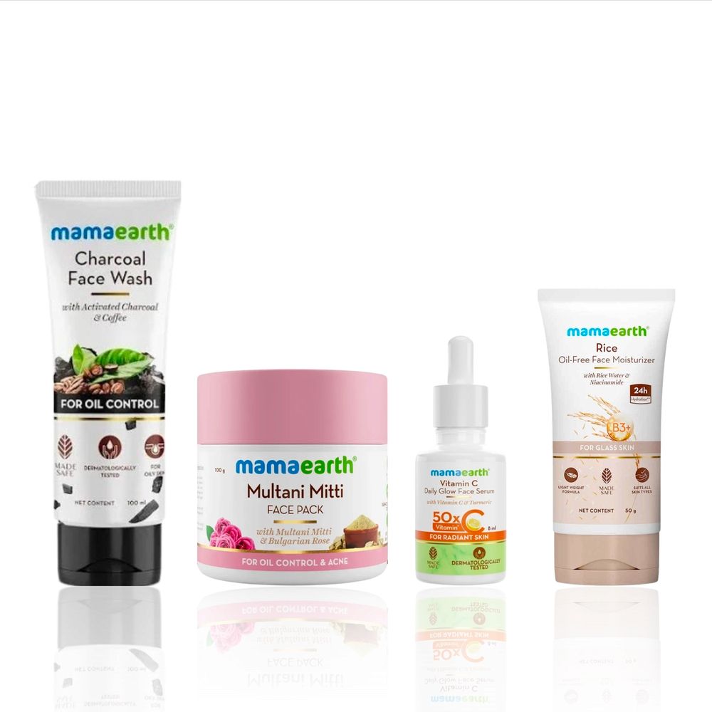 Mamaearth Oily Skin & Glow 4-Step Combo: Charcoal Face Wash (100 ml) + Rice Oil-Free Moisturizer (50 gm) + Multani Mitti Face Pack (200 gm) + Vitamin C Face Serum (8 ml) - Combo of 4