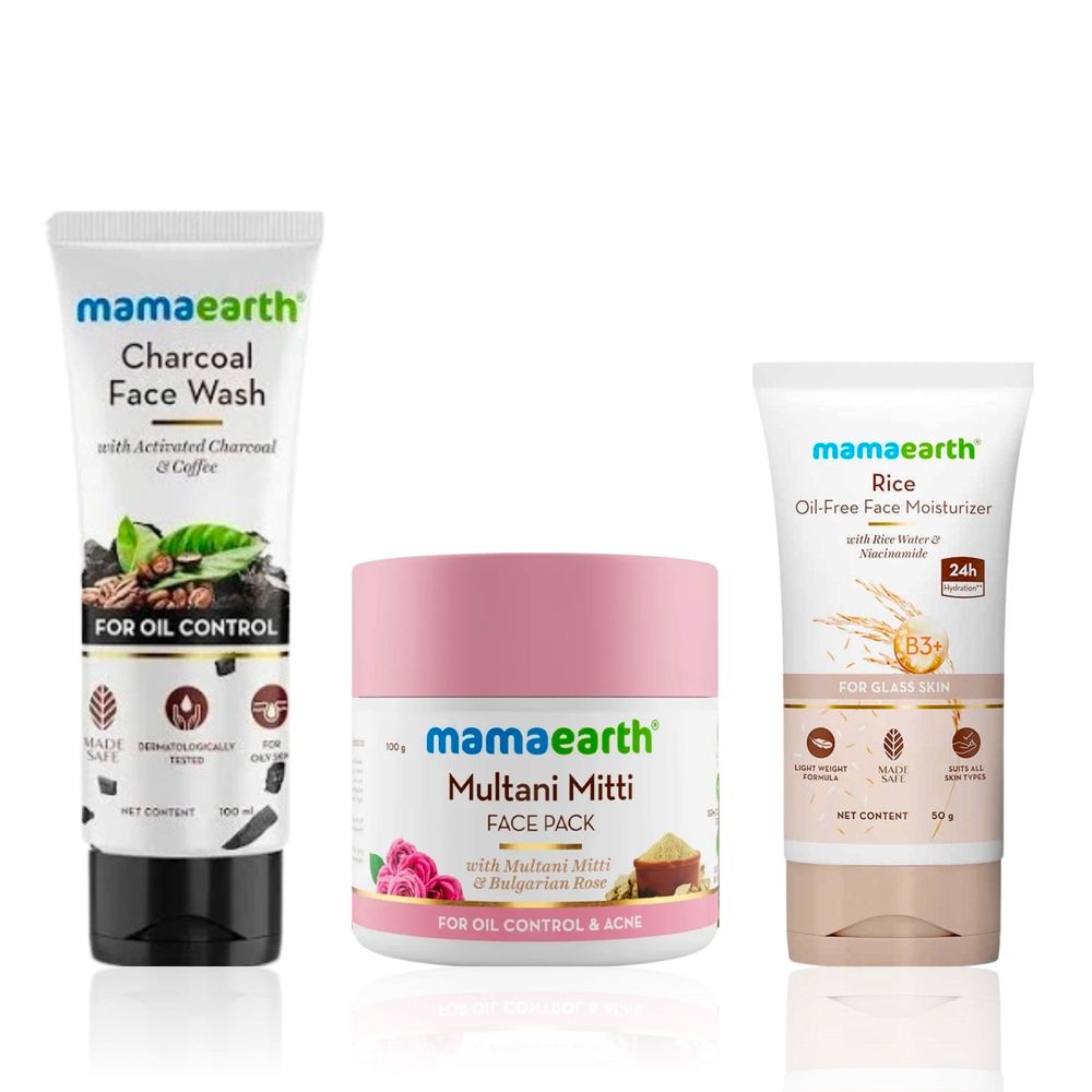 Mamaearth Oily Skin Care Combo: Multani Mitti Oil Balance Face Pack (200 gm) + Charcoal Face Wash (100ml) + Rice Oil-Free Moisturizer (50 gm) – Controls Oil & Fights Acne - Combo of 3