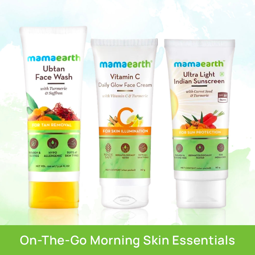 Mamaearth on-the-go Morning Skin Essentials (Ubtan Facewash (100 ml)+ Vitamin C Face Cream (80 gm) + Ultra Light Sunscreen(80 ml))