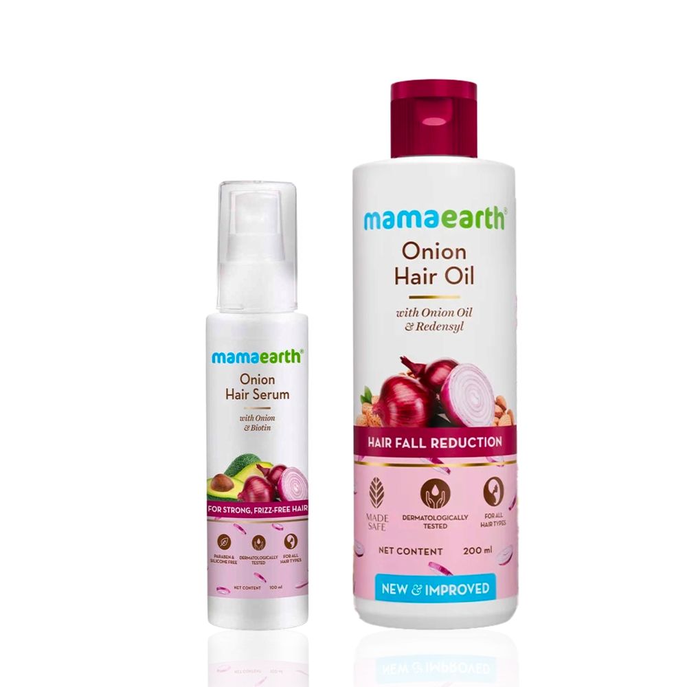 Mamaearth Onion Hair Oil with Onion & Redensyl for Hair Fall Control + Onion Hair Serum with Onion and Biotin for Strong, Frizz-Free Hair Haircare kit, Combo of 2