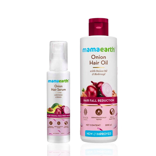 Mamaearth Onion Hair Oil with Onion & Redensyl for Hair Fall Control + Onion Hair Serum with Onion and Biotin for Strong, Frizz-Free Hair Haircare kit, Combo of 2