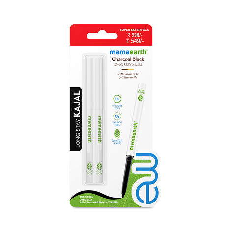 Mamaearth Pack of 2 Charcoal Black Long Stay Kajal with Vitamin C & Chamomile for 11-Hour Smudge-free Stay 11-Hour Long Stay | Smudge-Proof | Waterproof