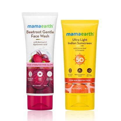 Mamaearth Pink Glow & Sun Care Pack - Ultra Light Sunscreen (80 gm) & Beetroot Face Wash (100 ml) Combo of 2