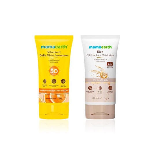 Mamaearth Radiance & Shield Combo of 2( Mamaearth Rice Oil-Free Face Moisturizer (50 gm) + Vitamin C Daily Glow Sunscreen (50 gm) | Niacinamide & Rice Water Hydration + SPF 50 PA+++ Glow & Protection)