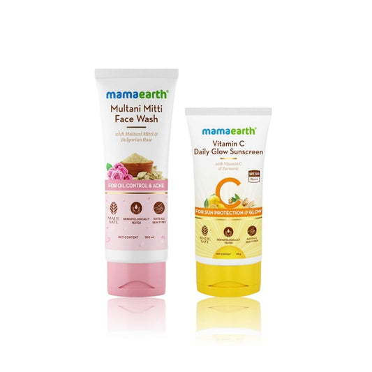 Mamaearth Radiant Skin Care Duo: Multani Mitti Face Wash + Vitamin C Sunscreen (100 ml + 50 gm)