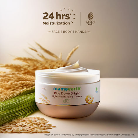 Mamaearth Rice Dewy Bright Light Moisturizing Cream with Rice Water & Niacinamide for Glass-Skin 200 gm |For Face, Hands & Body | 24H Long-lasting Moisturization | Non-Greasy Quick Absorbing, All SkinTypes