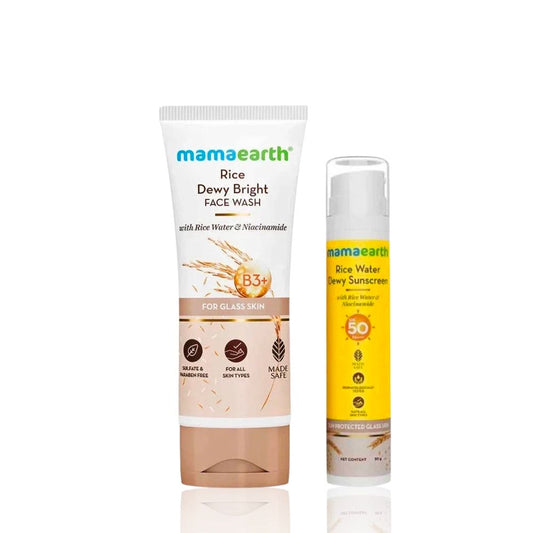 Mamaearth Rice Face Wash With Rice Water & Niacinamide for Glass Skin + Rice Water Dewy Sunscreen with Rice Water & Niacinamide Skincare kit, Combo of 2