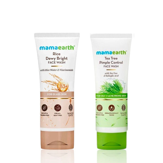 Mamaearth Rice Face Wash With Rice Water & Niacinamide for Glass Skin + Tea Tree Natural Face Wash For Acne & Pimples Wash Skincare kit, Combo of 2