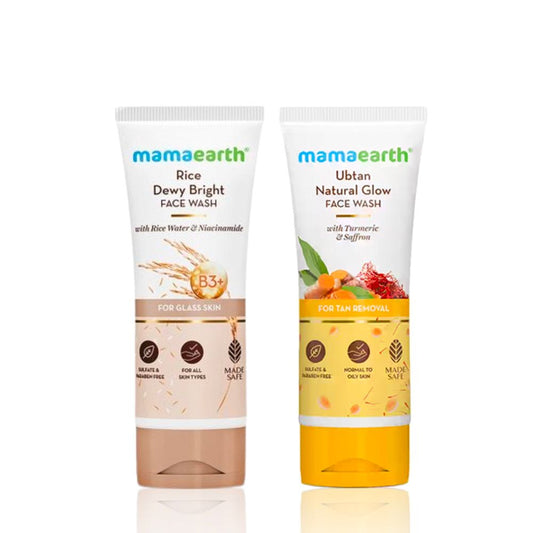Mamaearth Rice Face Wash With Rice Water & Niacinamide for Glass Skin + Ubtan Natural Face Wash For All skin type With Turmeric & Saffron For Tan Removal And Skin Brightening, Skincare kit, Combo of 2