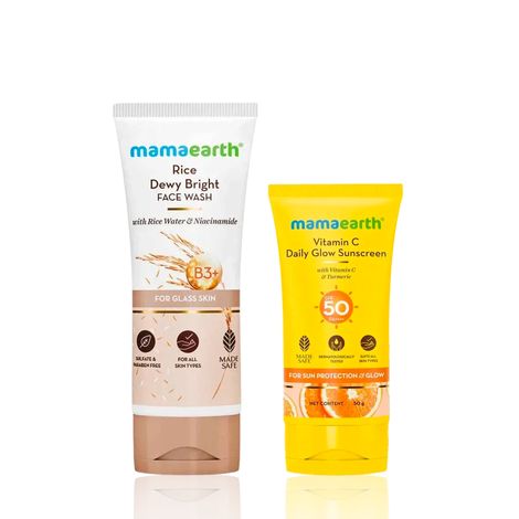 Mamaearth Rice Face Wash With Rice Water & Niacinamide for Glass Skin + Vitamin C Daily Glow Sunscreen with SPF 50 & PA+++ for Sun Tan Protection & Glow, Skincare kit, Combo of 2